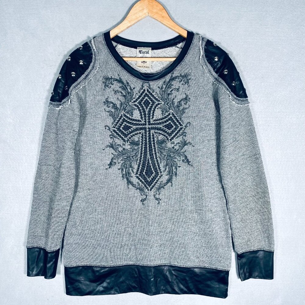 Vintage y2k Vocal Sweater Mens XL Gray Studded Cross Pullover Biker 90s